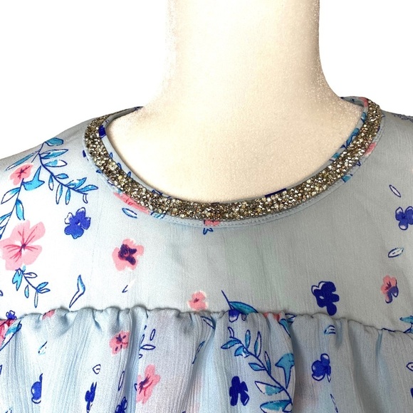 Juicy Couture Top Medium Rain Floral Ruffle Blouse Rhinestone Neck - Picture 4 of 15